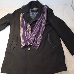 Robert Graham Men Black Wool Blend Double Breasted Coat XL Matching Purple Scarf